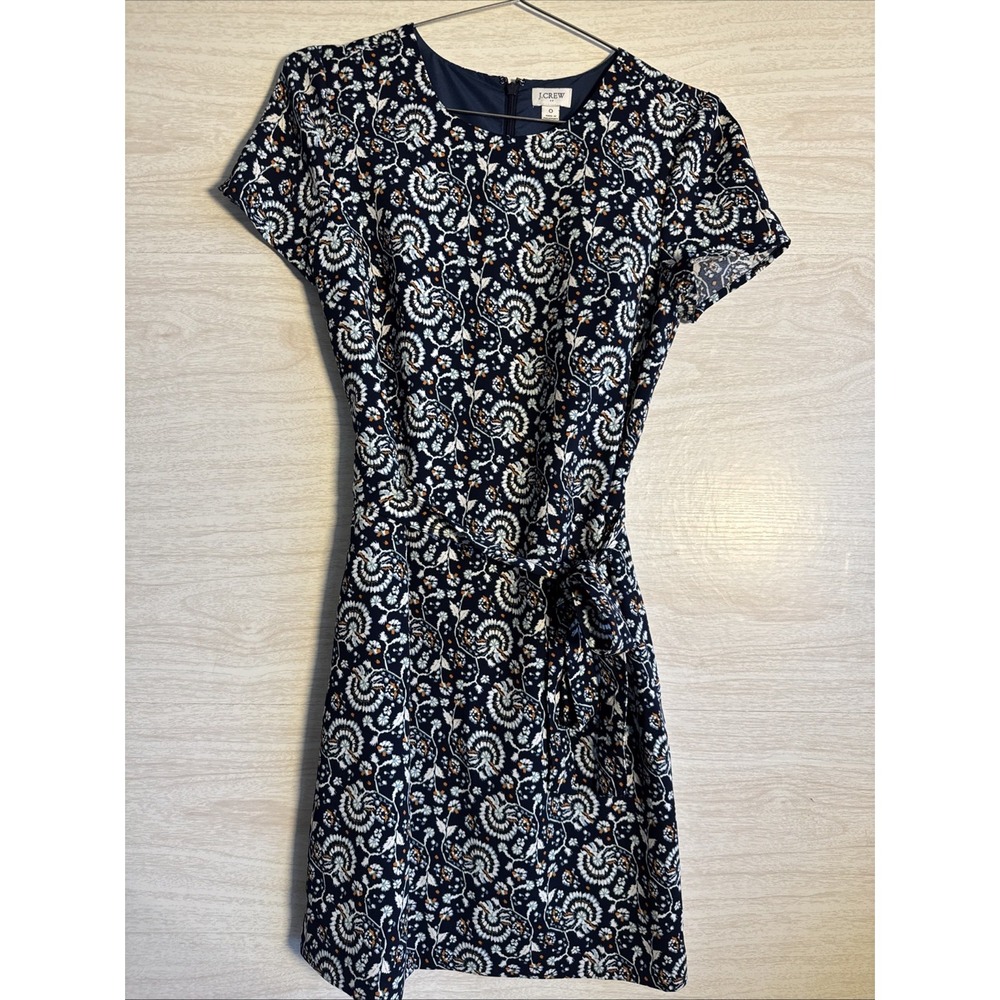 J.Crew navy blue dress W/ White & Orange Swirl Floral Print And Belt Sz 0